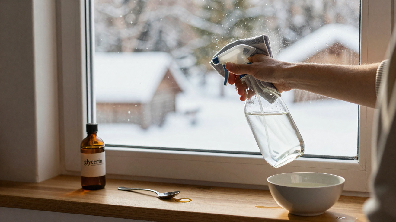 Hand sprüht Glasreiniger ins Fenster, Glycerinflasche und Löffel mit Tropfen auf Fensterbank im Winter.