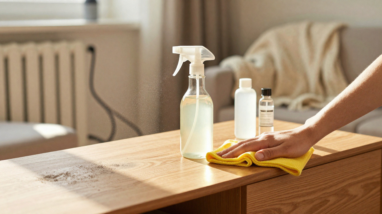 Hand wischt mit gelbem Tuch Staub von Holzoberfläche, Reinigungsmittel und Sprühflasche stehen daneben.