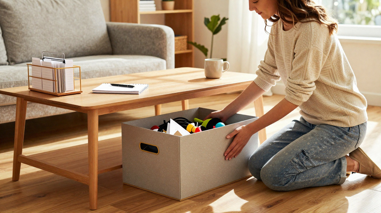 Frau kniet vor einem Couchtisch und durchsucht eine große graue Aufbewahrungsbox mit diversen Gegenständen.