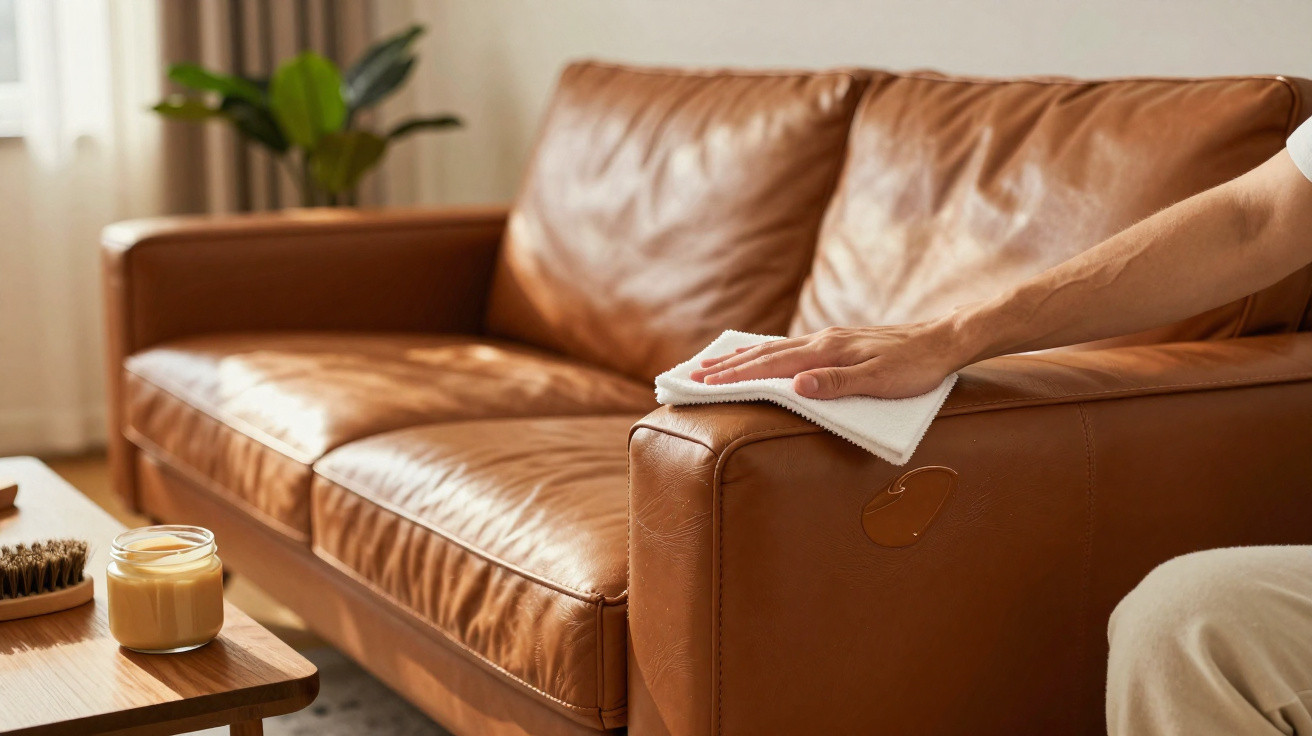 Hand wischt eine braune Ledercouch mit einem weißen Tuch in einem hellen Wohnzimmer ab.