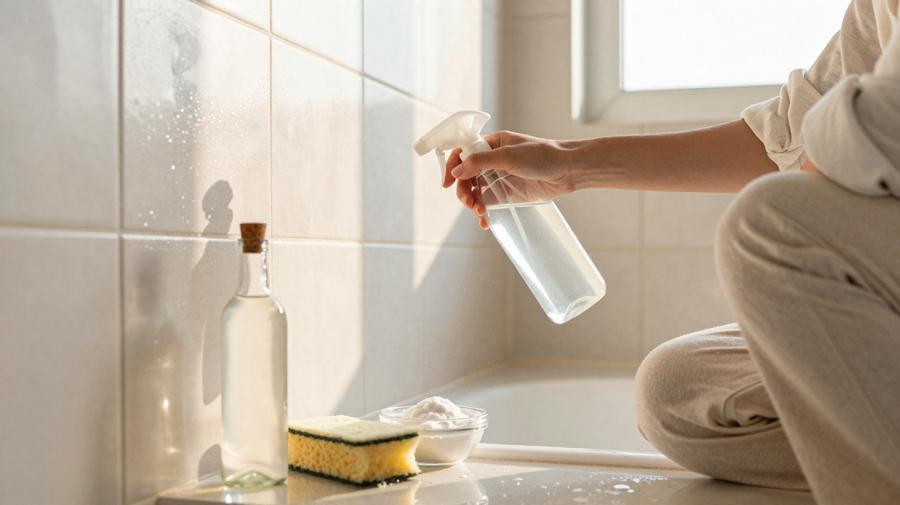 Hand sprüht Flüssigkeit auf weiße Kacheln im Badezimmer mit Schwamm, Backpulver und Flasche daneben.