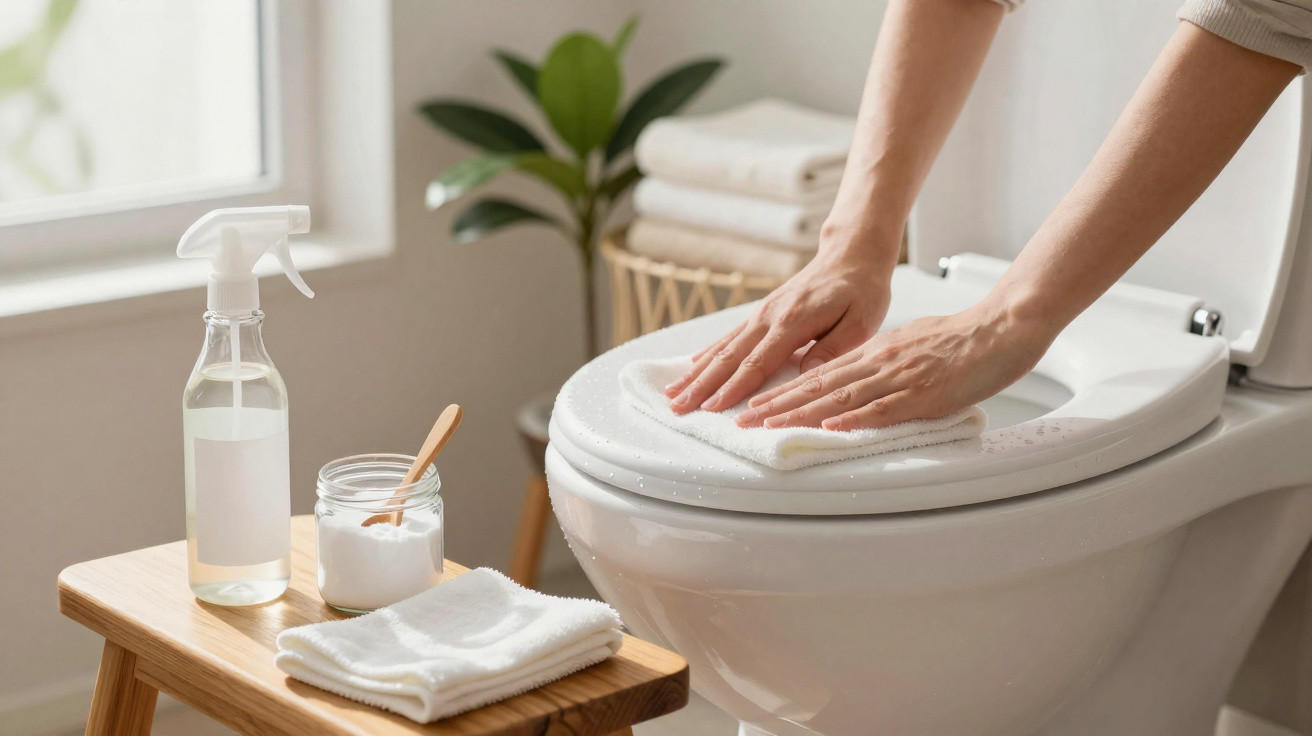 Person reinigt Toilettensitz mit Tuch, Nahaufnahme, daneben Reinigungsspray und Handtücher auf Holzhocker.