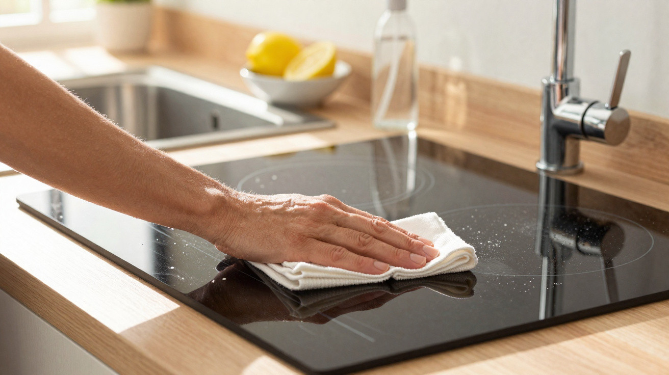 Hand wischt mit Tuch eine moderne schwarze Glaskeramik-Kochplatte in heller Küche sauber.