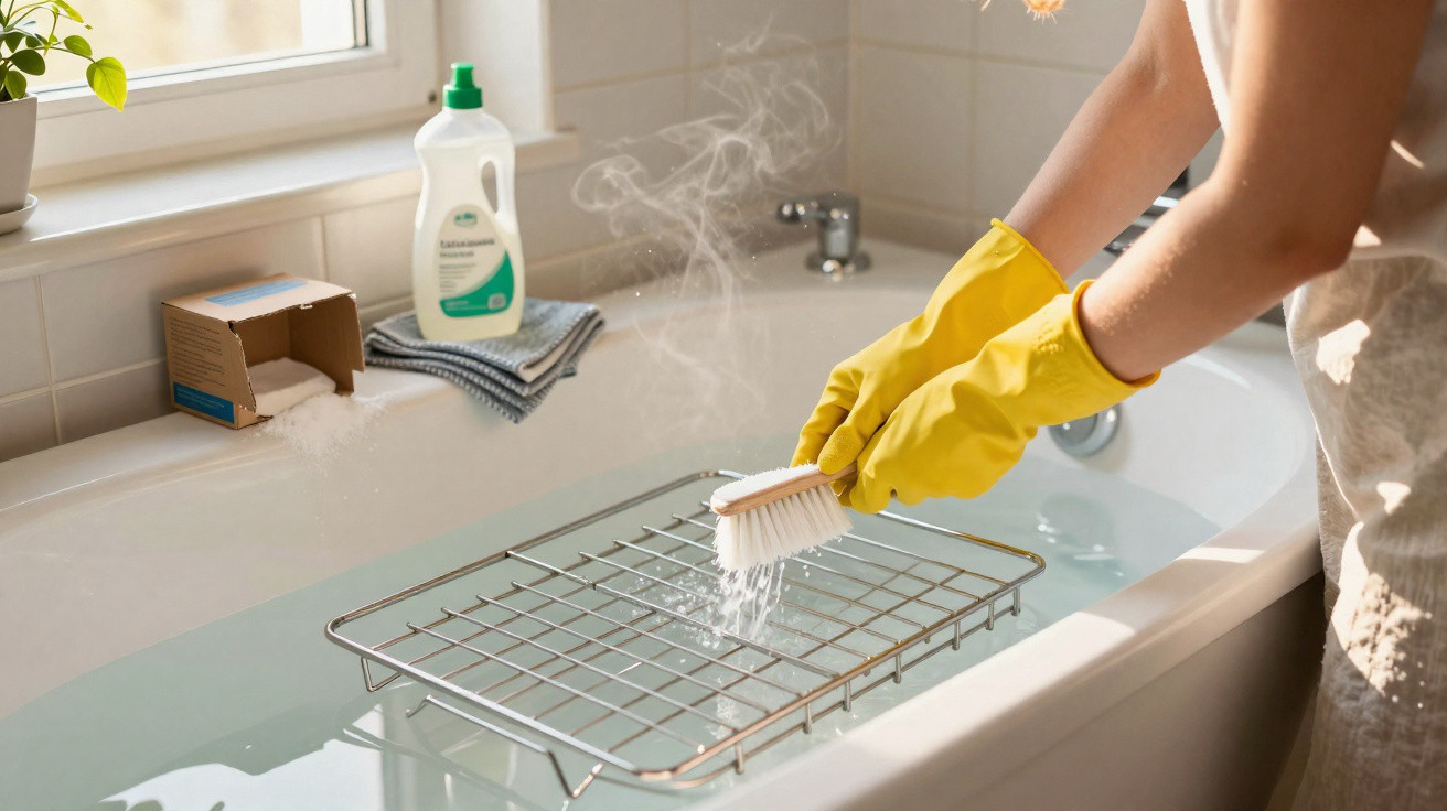 Person mit gelben Gummihandschuhen reinigt ein heißes Backofengitter in der Badewanne mit Bürste.