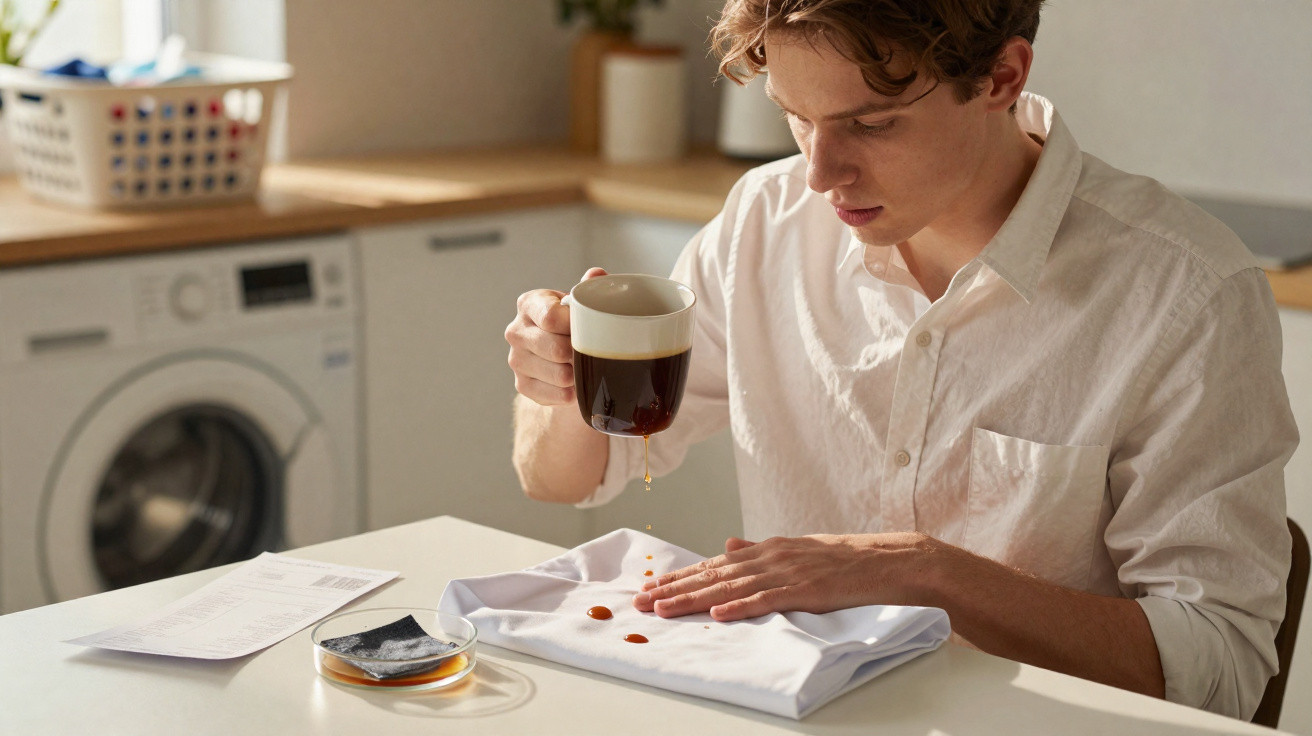 Junger Mann gießt Kaffee auf ein weißes Hemd und versucht, den Fleck zu reinigen.