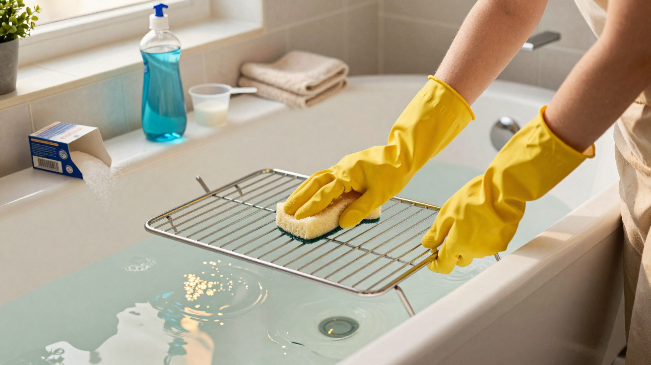 Person mit gelben Gummihandschuhen reinigt ein Backofenrost in einer mit Wasser gefüllten Badewanne.