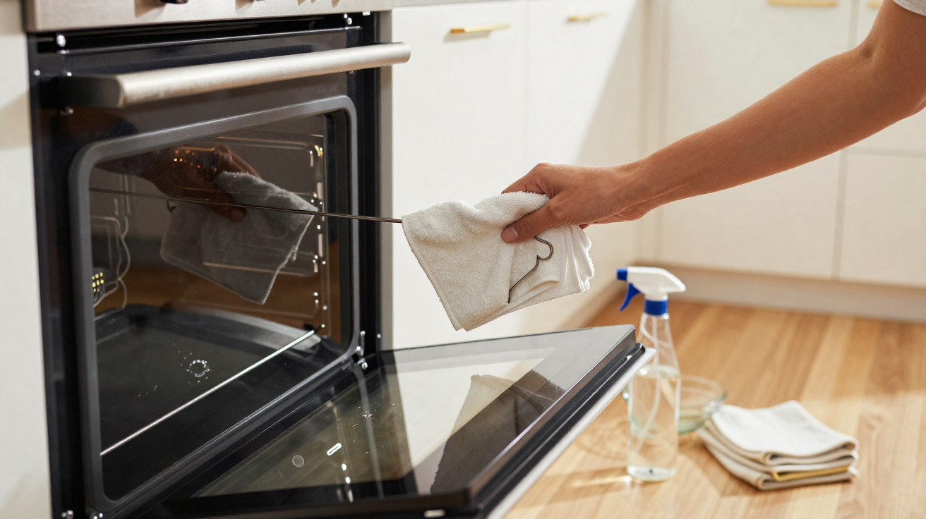 Person reinigt mit einem Tuch und einem langen Werkzeug einen offenen Backofen, Reinigungsmittel im Hintergrund sichtbar.