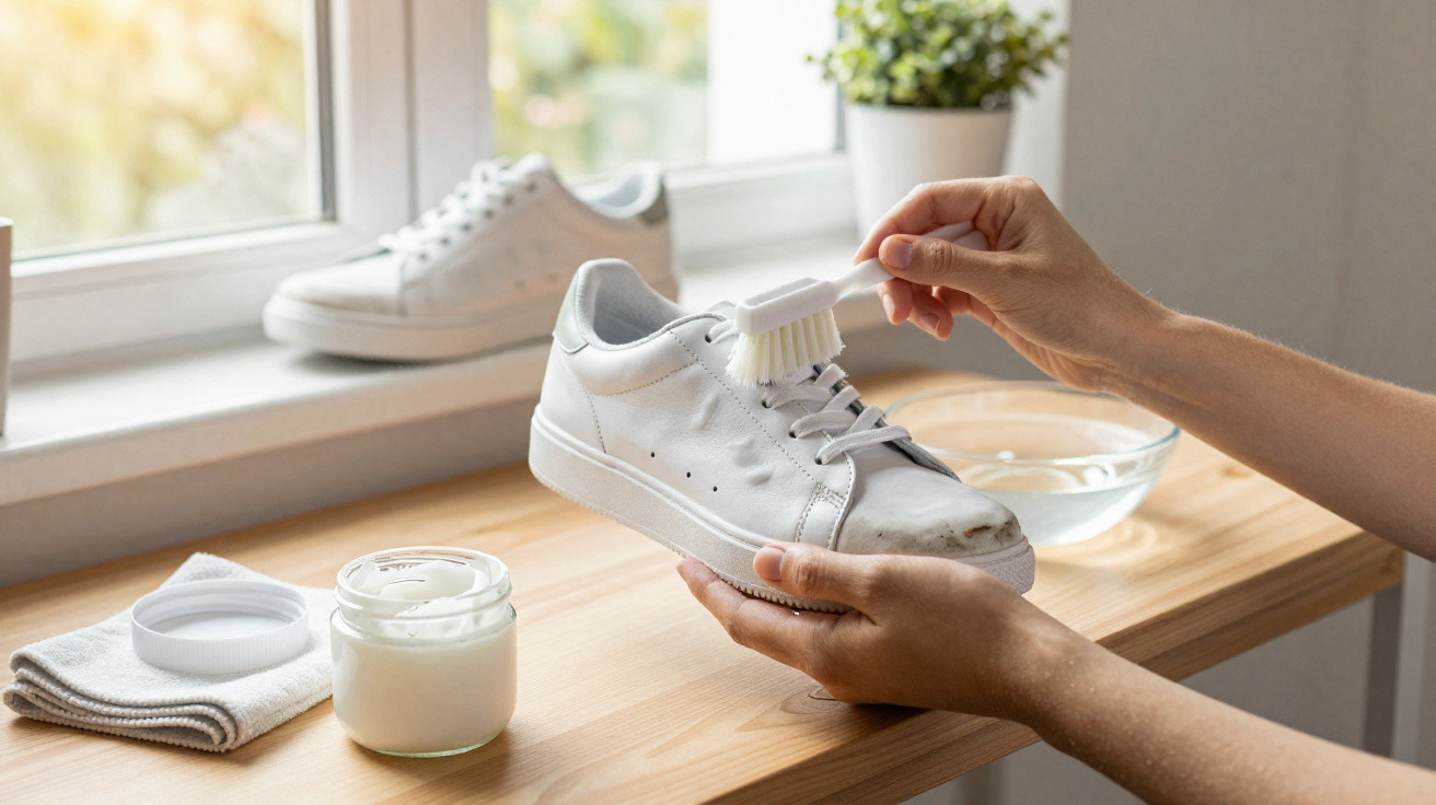 Person reinigt weißen Sneaker mit Bürste und Schuhcreme auf hellem Holztisch am Fenster.