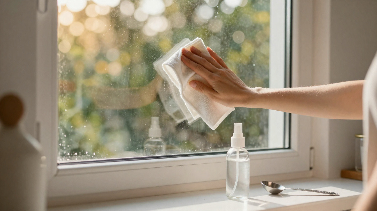Hand wischt mit Tuch ein Fenster innen, daneben steht ein Sprühflasche mit Reinigungsmittel auf der Fensterbank.
