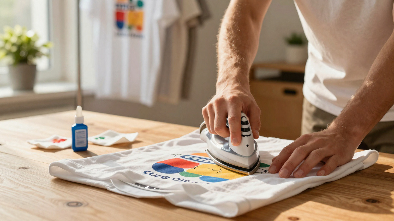 Person bügelt ein weißes T-Shirt mit buntem Aufdruck auf einem Holztisch bei Tageslicht.