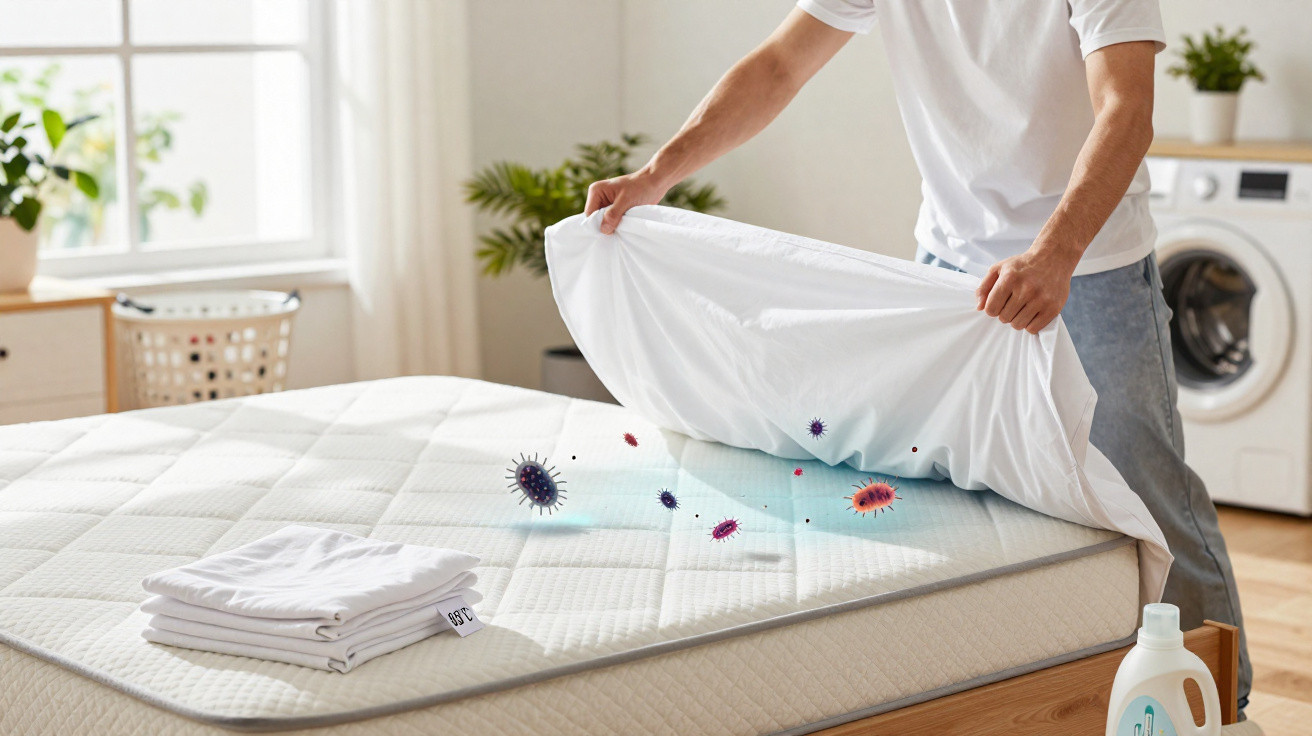Person hebt Bettlaken, virtuelle Darstellung von Viren und Bakterien auf Matratze in hellem Schlafzimmer.