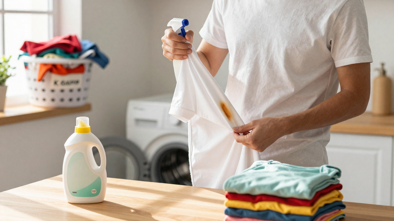 Person sprüht Fleckenentferner auf weißes T-Shirt mit braunem Fleck, Wäschekorb und Waschmaschine im Hintergrund.
