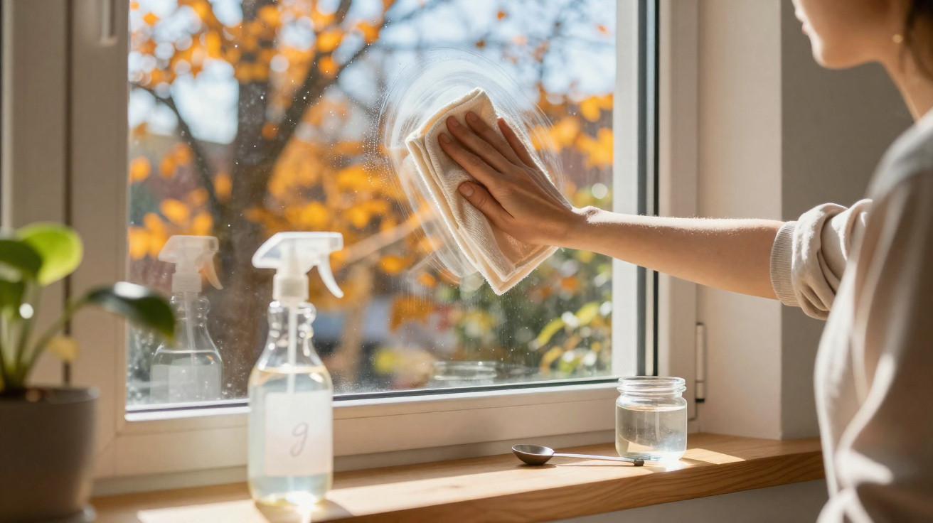 Person wischt mit Tuch ein Fenster an einem sonnigen Herbsttag, Sprayflasche und Pflanze auf Fensterbank.