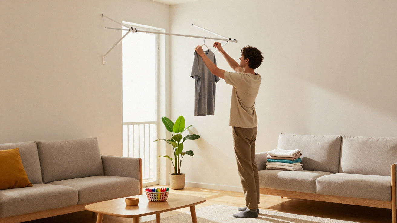 Mann hängt graues T-Shirt an Ausziehwäschetrockner in hellem, modernem Wohnzimmer mit Sofas und Kaffeetisch auf.