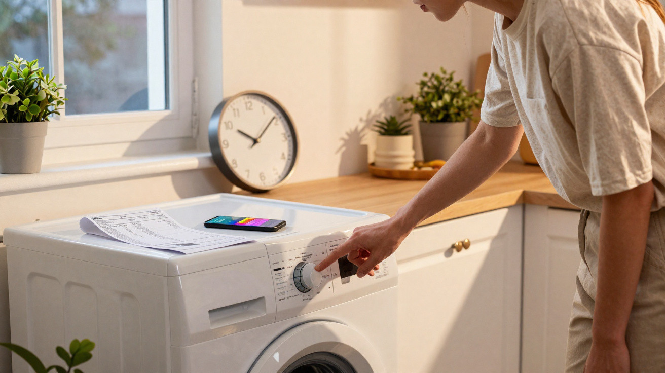 Frau stellt Waschmaschine in heller Küche ein, Smartphone und Waschzettel liegen oben auf der Maschine.