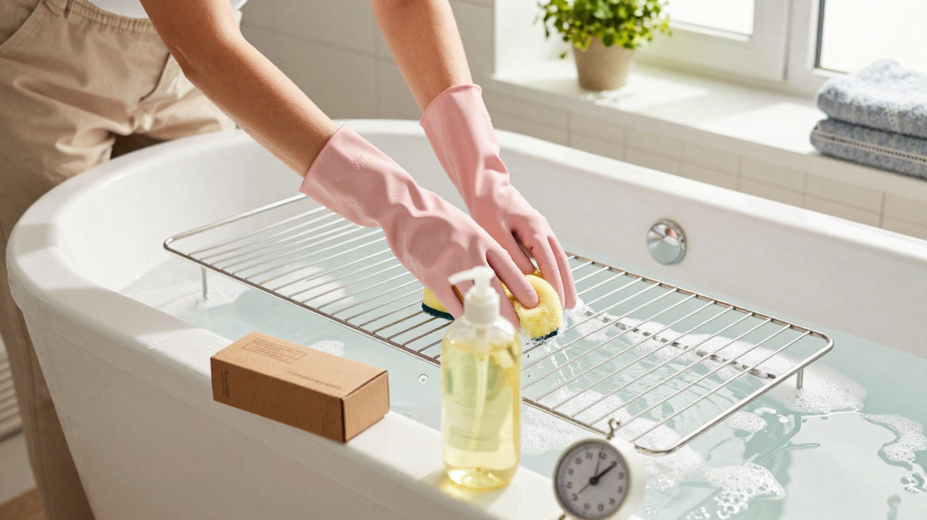 Person mit rosa Handschuhen reinigt ein Metallgitter über einer mit Wasser gefüllten Badewanne.