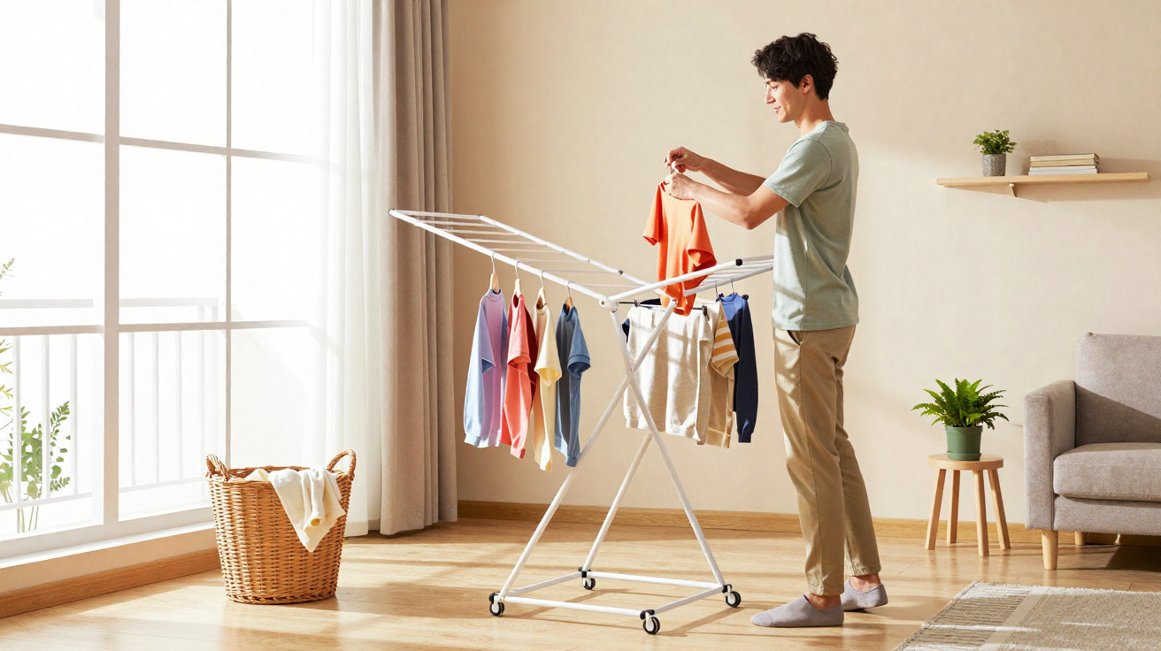 Junger Mann hängt bunte T-Shirts auf einem Wäscheständer im hellen Wohnzimmer auf.