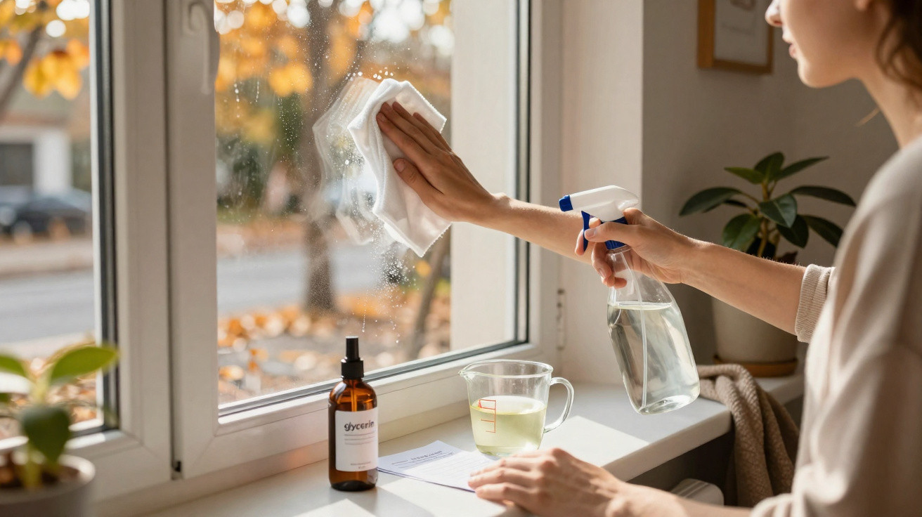Frau reinigt Fenster mit Sprühflasche und Tuch an einem herbstlichen Tag, Pflanzen und Tee auf der Fensterbank.