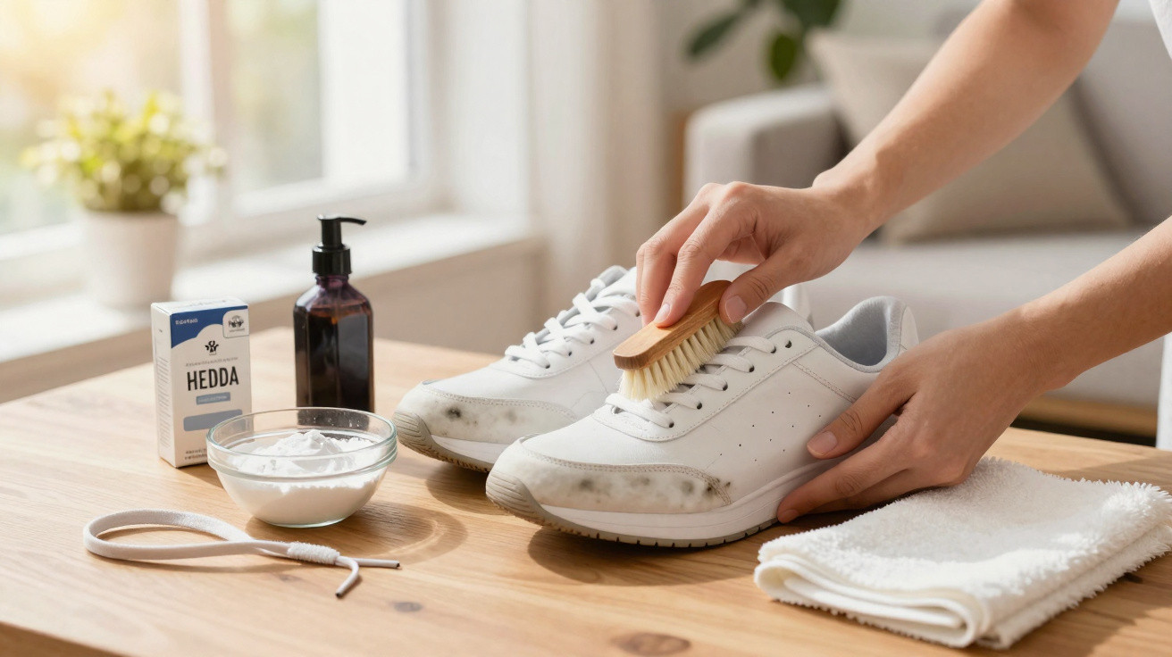Person reinigt weiße Sportschuhe mit Bürste auf Holztisch, daneben Reinigungsmittel und Handtuch.
