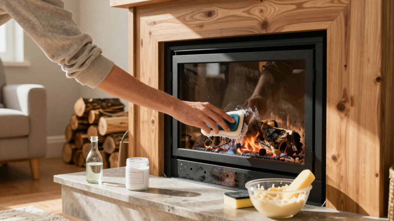 Hand reinigt Glas eines brennenden Kamins mit Schwamm, Holzstapel und Kerze im Hintergrund.