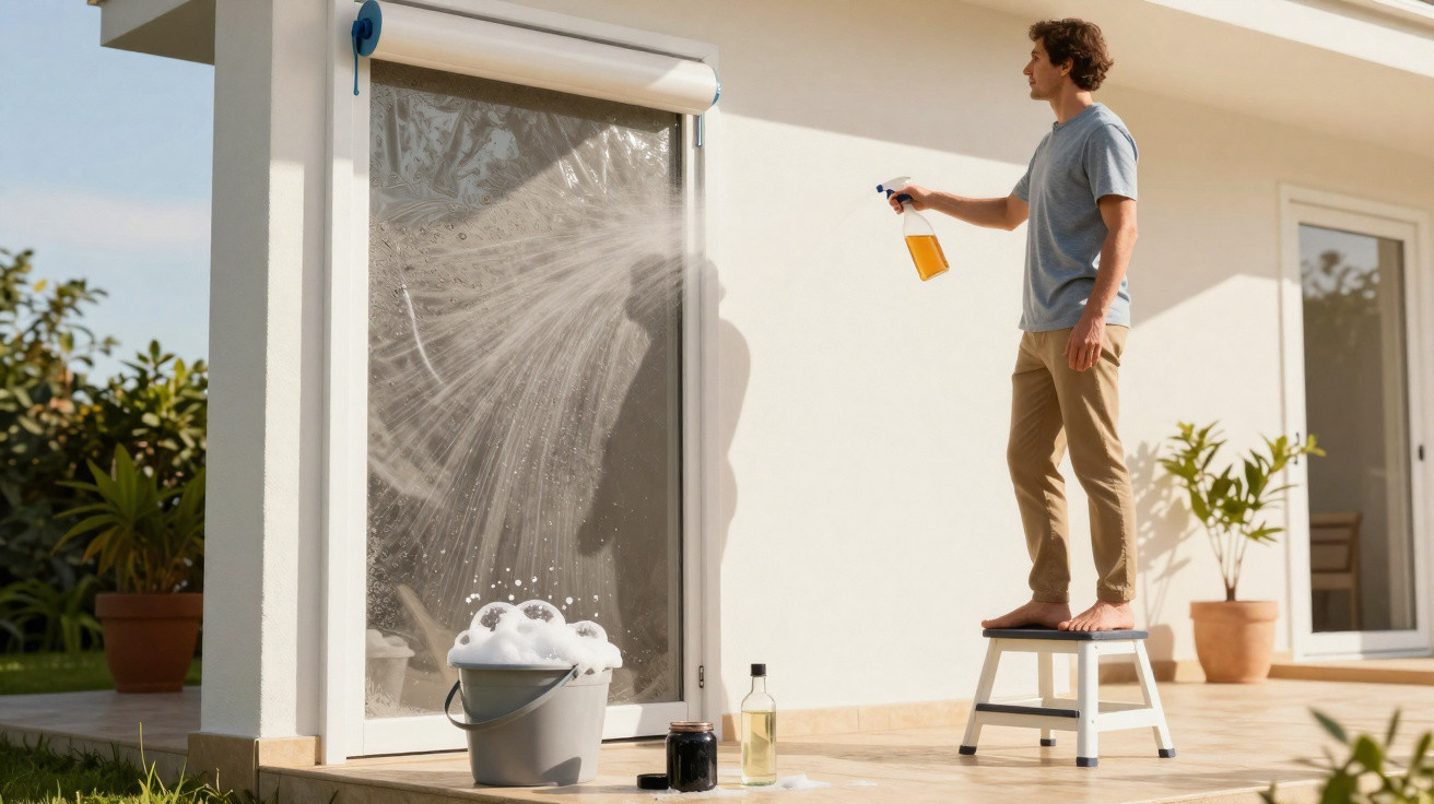 Mann steht auf einem Hocker und reinigt mit Sprühflasche eine verglaste Terrassentür außen.
