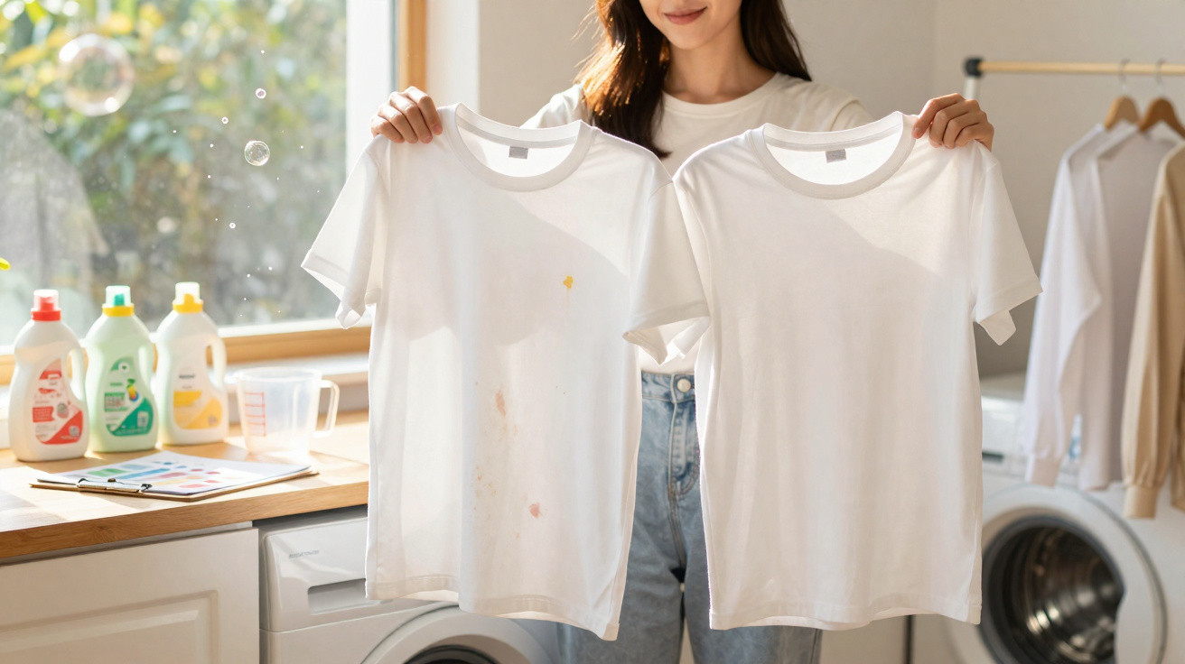 Frau hält zwei weiße T-Shirts, eines mit Flecken, eines sauber, in hellem Waschraum mit Waschmaschine und Reinigungsmitteln.