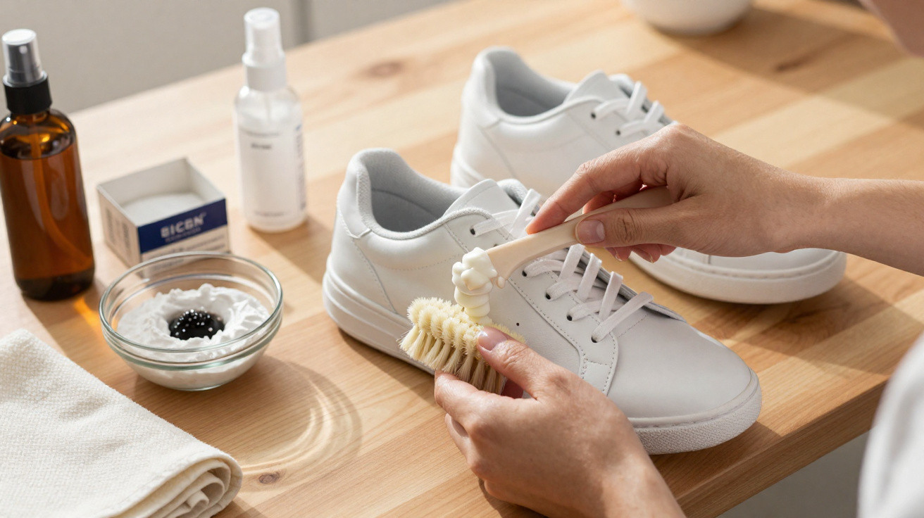 Person trägt Schucreme auf Bürste auf, um weiße Sneaker auf Holztisch zu reinigen.