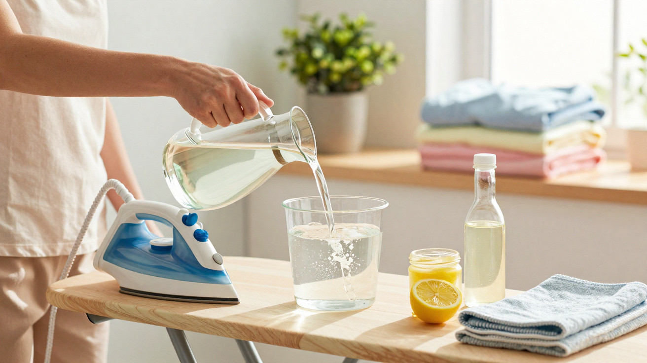Person gießt Wasser in einen Messbecher auf einem Bügelbrett mit Bügeleisen und Hausmitteln.