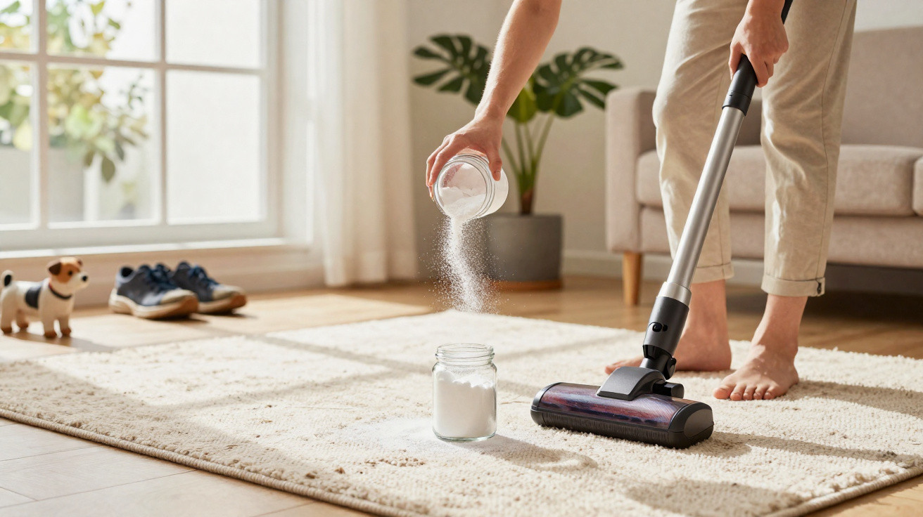 Person streut Pulver auf Teppich und hält Akku-Staubsauger in modernem Wohnzimmer.