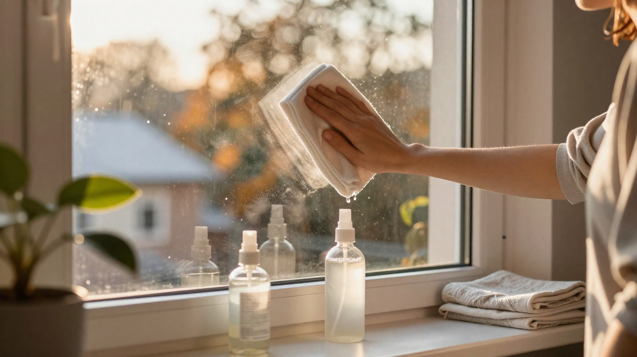 Hand wischt mit Tuch über Fenster, zwei Sprühflaschen und Pflanzen auf Fensterbank, Sonnenlicht draußen.