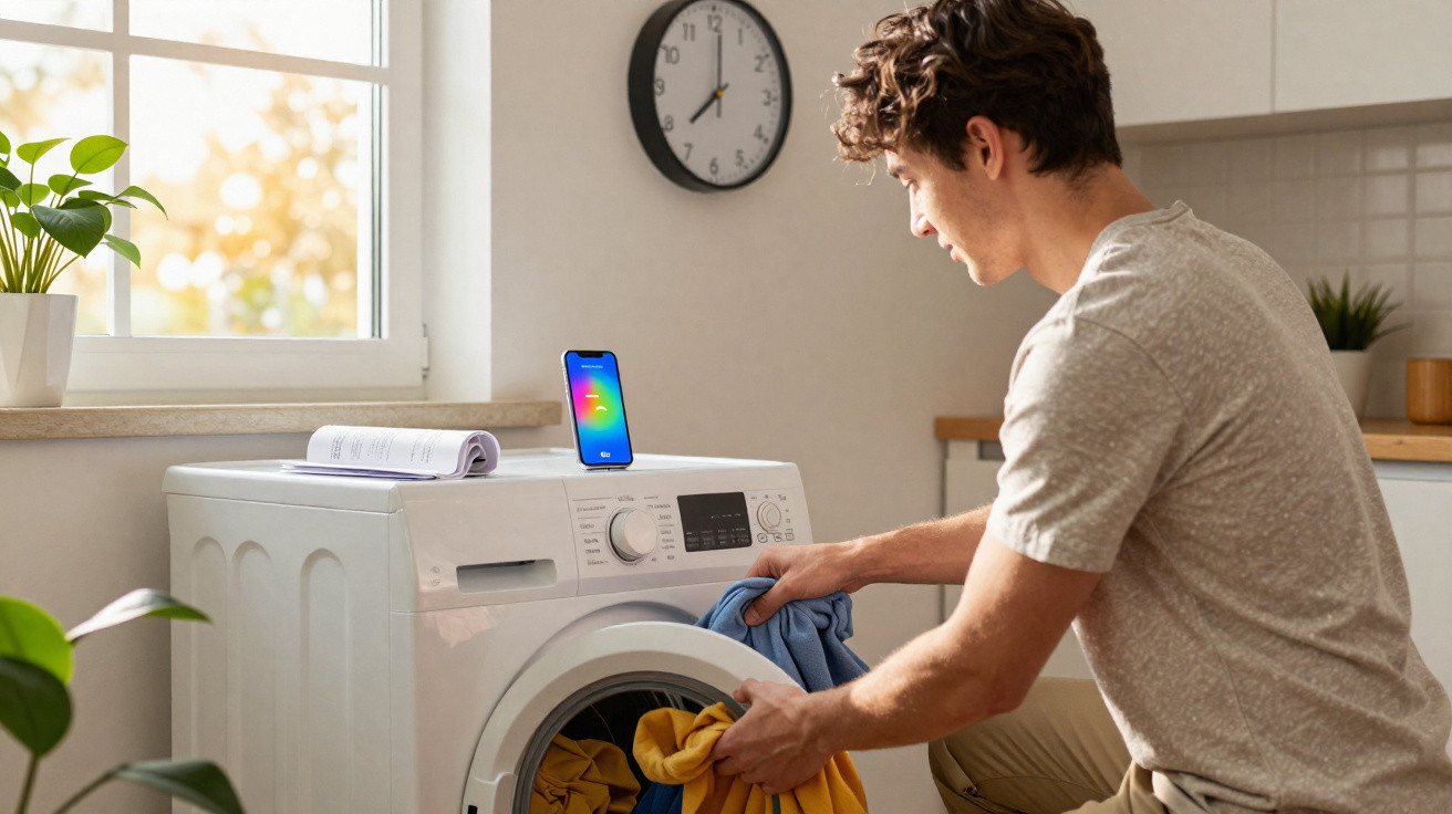Mann lädt Wäsche in Waschmaschine in hellem Raum mit Uhr und Smartphone auf der Waschmaschine.