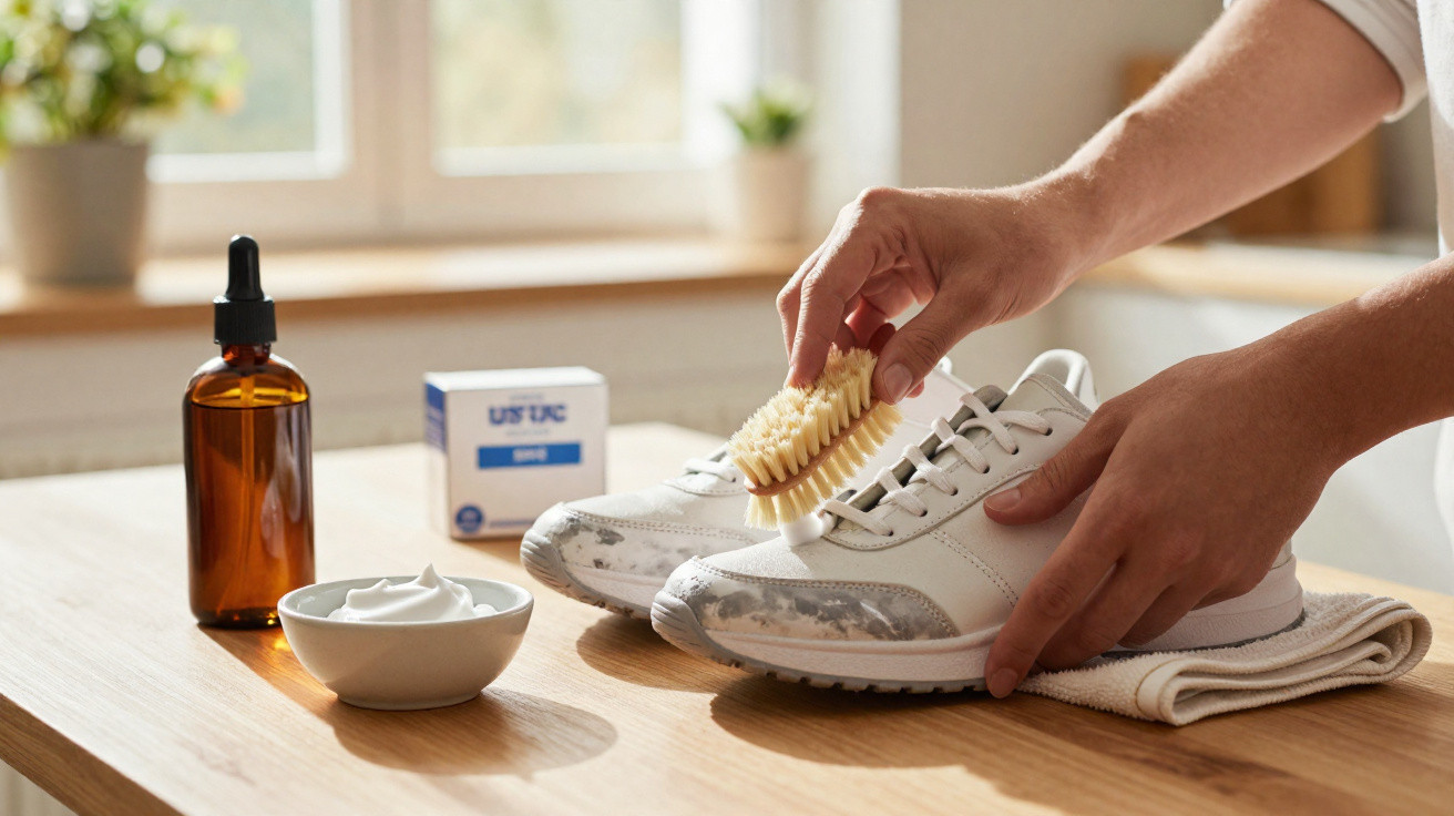 Person reinigt weiße Sneaker mit Bürste, Creme und Pflegemitteln auf hellem Holztisch.