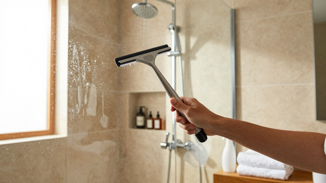 Hand wischt mit Fensterabzieher Wasser von einer Duschglaswand in modernem Badezimmer ab.