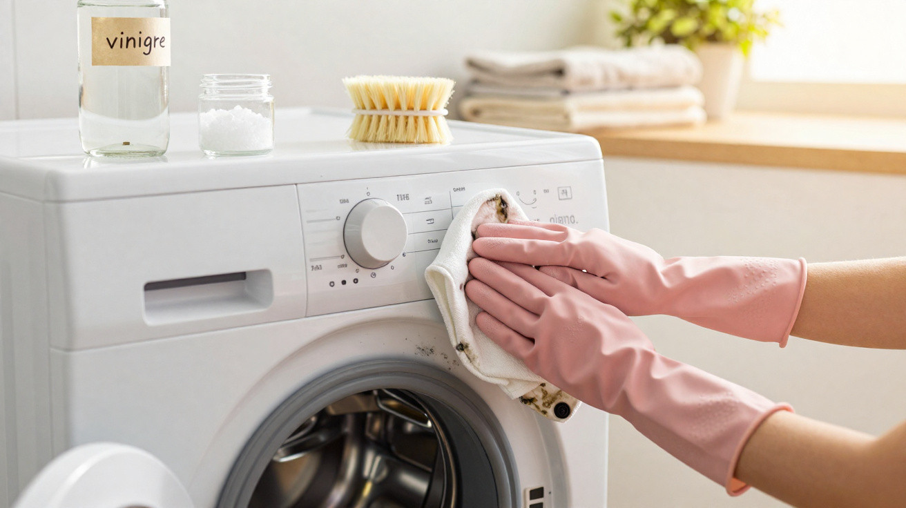 Hände mit rosa Gummihandschuhen reinigen Waschmaschine mit Tuch, Essig und Salz auf der Maschine.