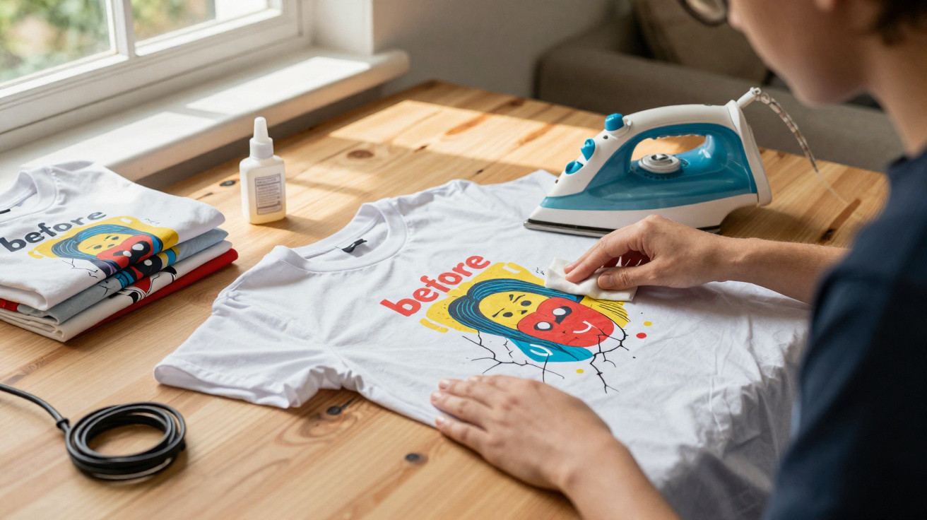 Person reinigt T-Shirt mit Aufdruck neben Bügeleisen und Leimflasche auf Holztisch am Fenster.