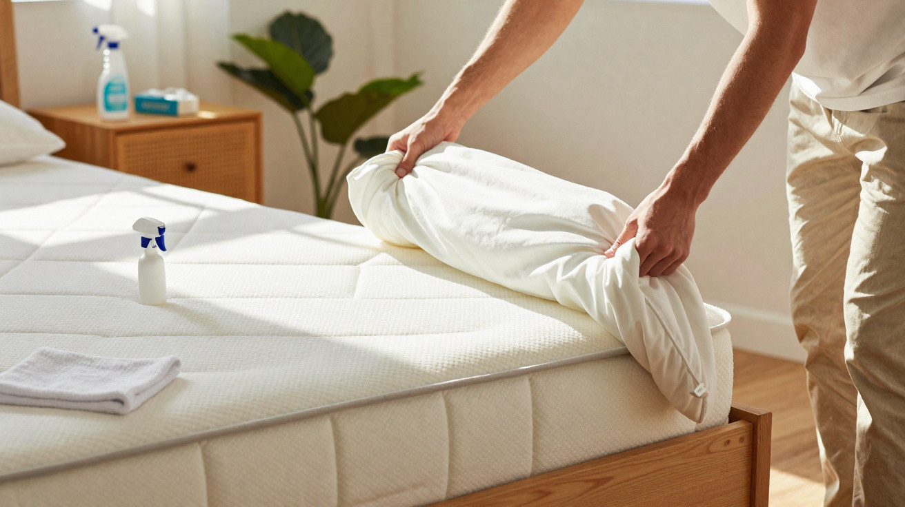 Person spannt Spannbettlaken auf eine Matratze in hellem Schlafzimmer mit Pflanzen und Reinigungsmitteln.