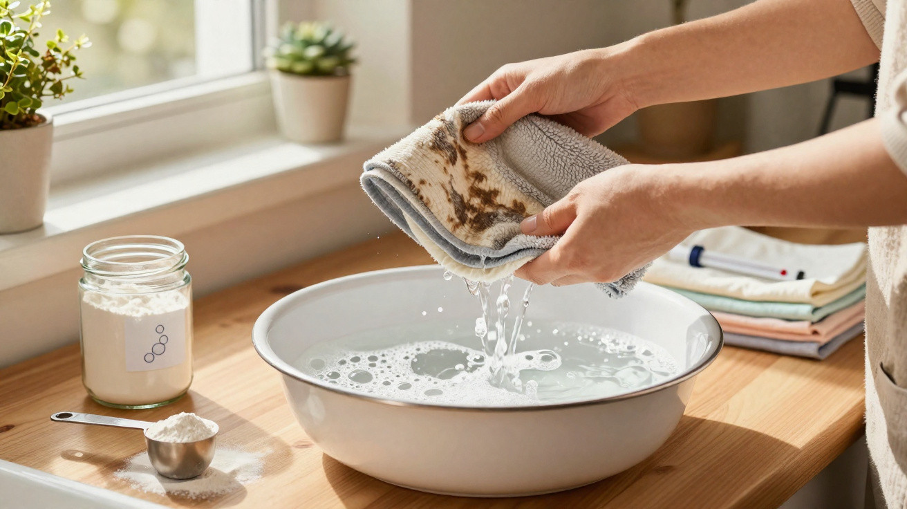 Hände wringen ein schmutziges Tuch über einer Schüssel mit Wasser zum Reinigen aus, Backpulver steht bereit.