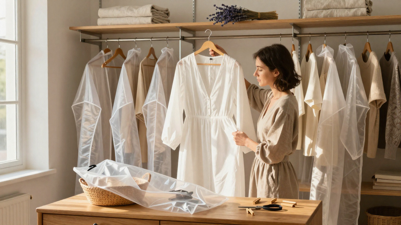 Frau betrachtet ein weißes Kleid in einem gut organisierten Kleiderschrank mit neutraler Kleidung und Holzregalen.