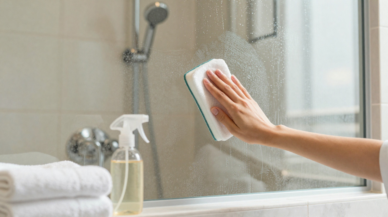 Hand wischt mit Schwamm Dusche aus Glas im Badezimmer sauber, Handtücher und Sprühflasche sichtbar.