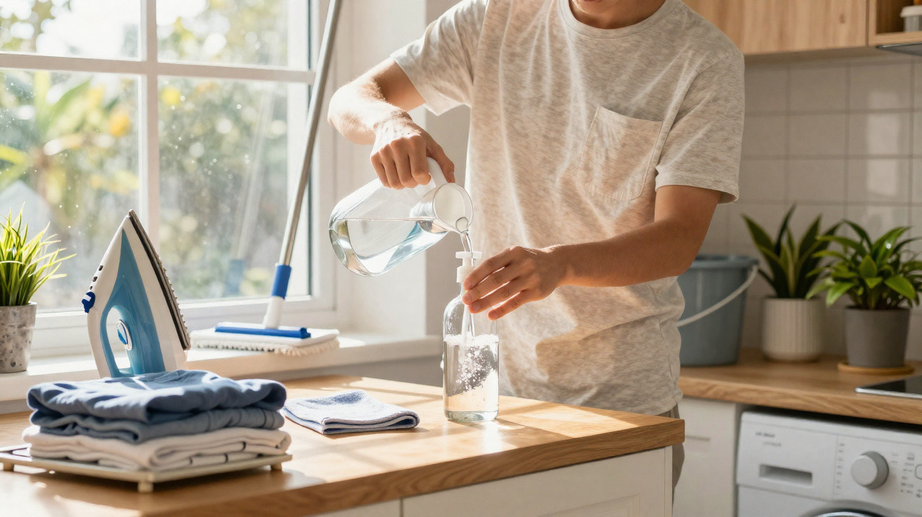 Mann füllt Wasser in eine Sprühflasche in der Küche, neben Bügelbrett und frisch gefalteter Kleidung.
