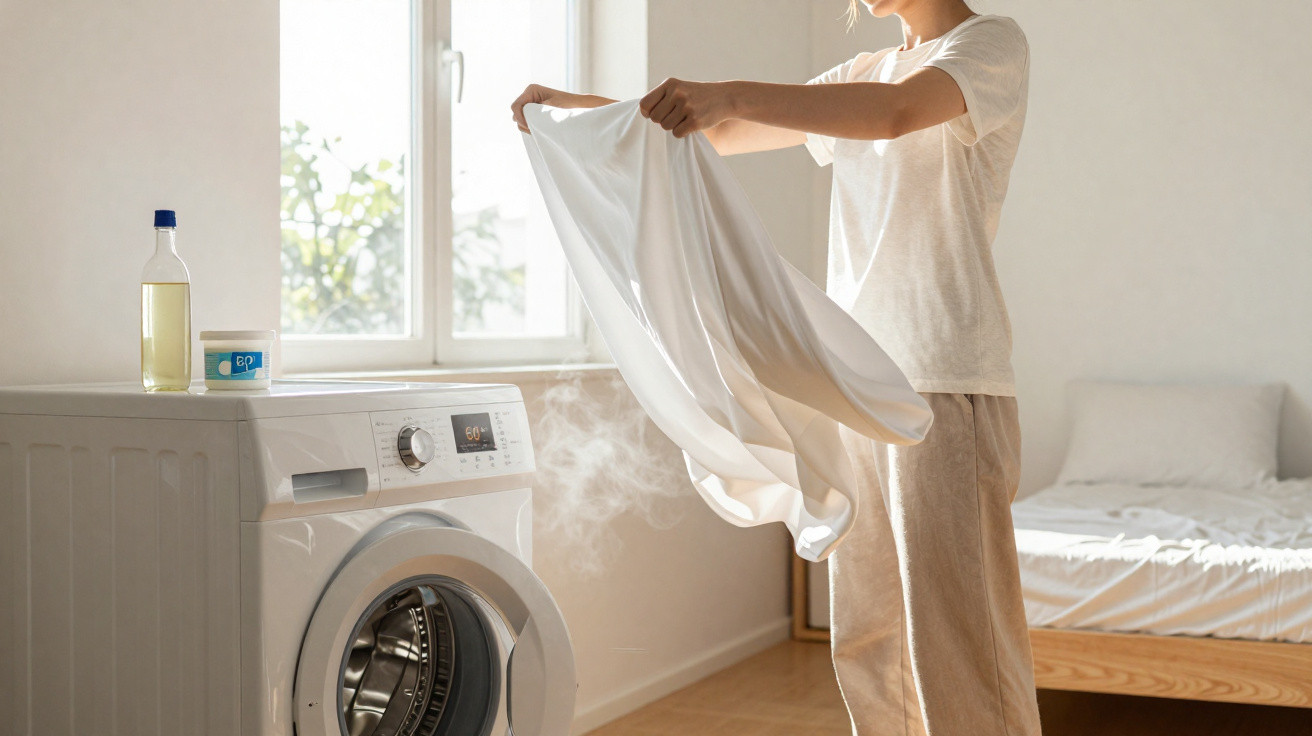 Frau nimmt frisch gewaschene, dampfende weiße Kleidung aus der Waschmaschine in hellem Schlafzimmer.