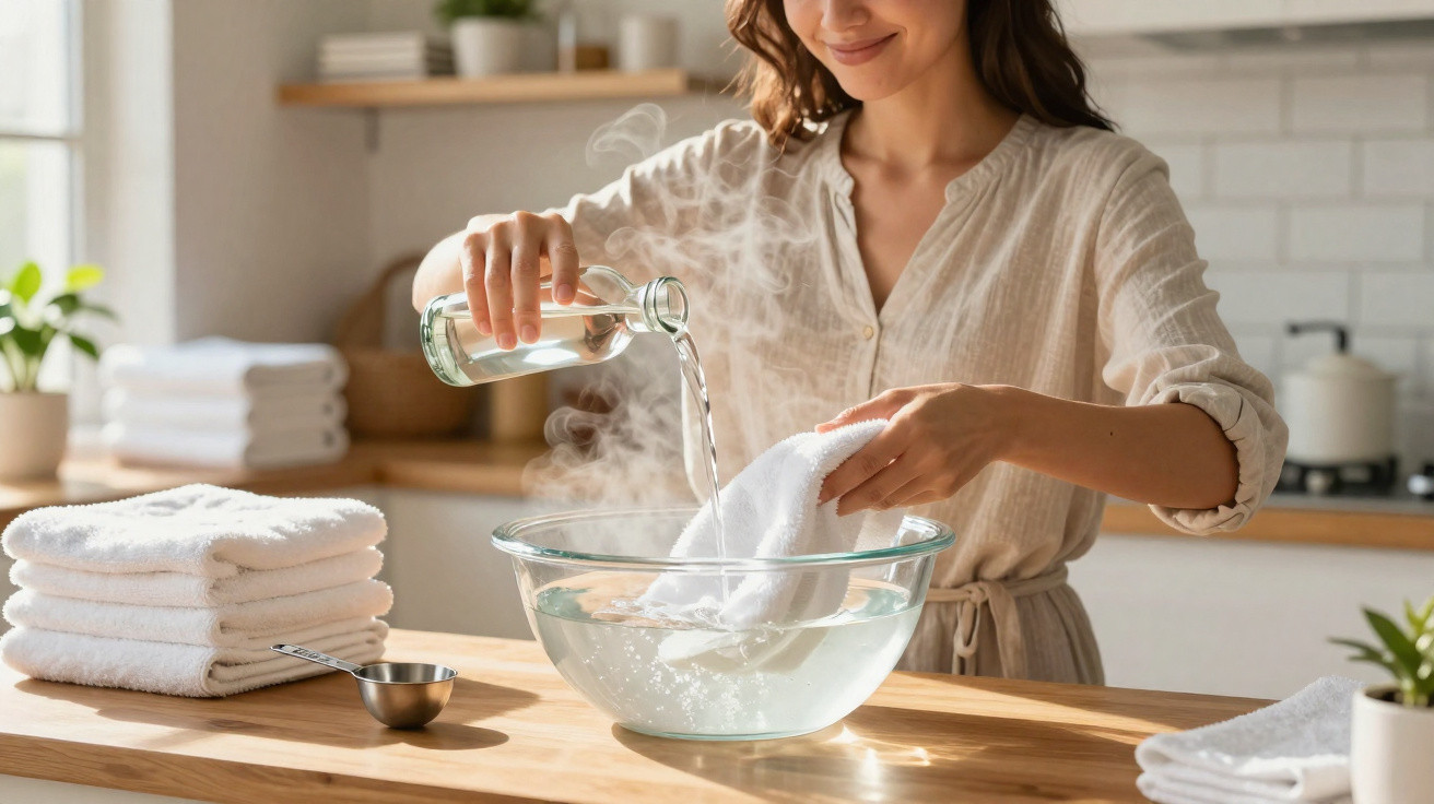 Frau gießt heißes Wasser in eine Glasschüssel und taucht ein weißes Handtuch hinein in moderner Küche.