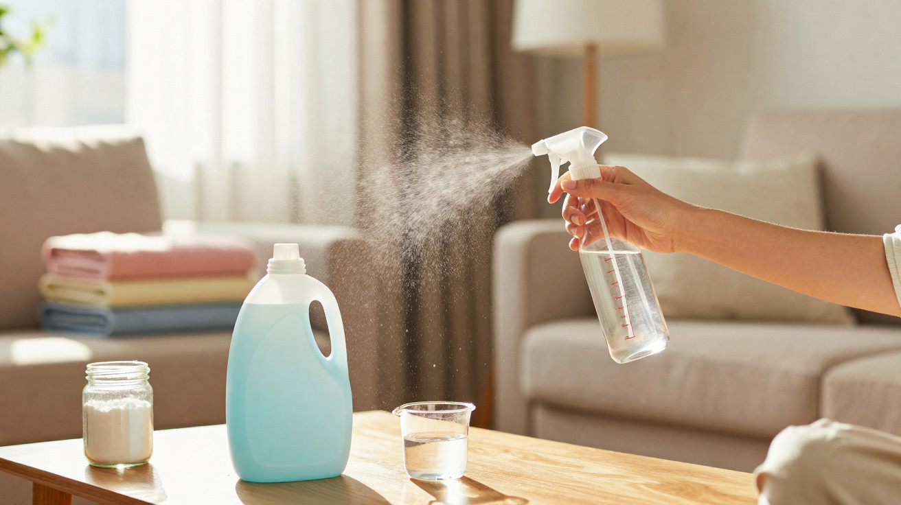 Hand sprüht mit Sprühflasche Wasser in ein Wohnzimmer mit Sofa und gefalteter Wäsche im Hintergrund.