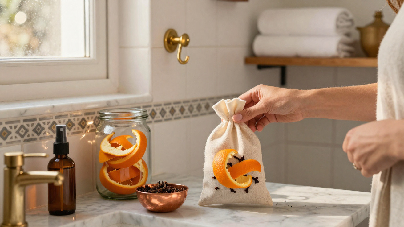 Hand legt Stoffbeutel mit Orangenschale und Nelken in modernes Badezimmer auf Marmortheke.