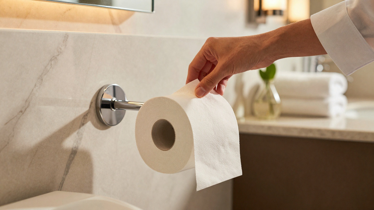 Hand greift zu Klopapierrolle an der Wandhalterung in modernem Badezimmer mit Handtüchern im Hintergrund.