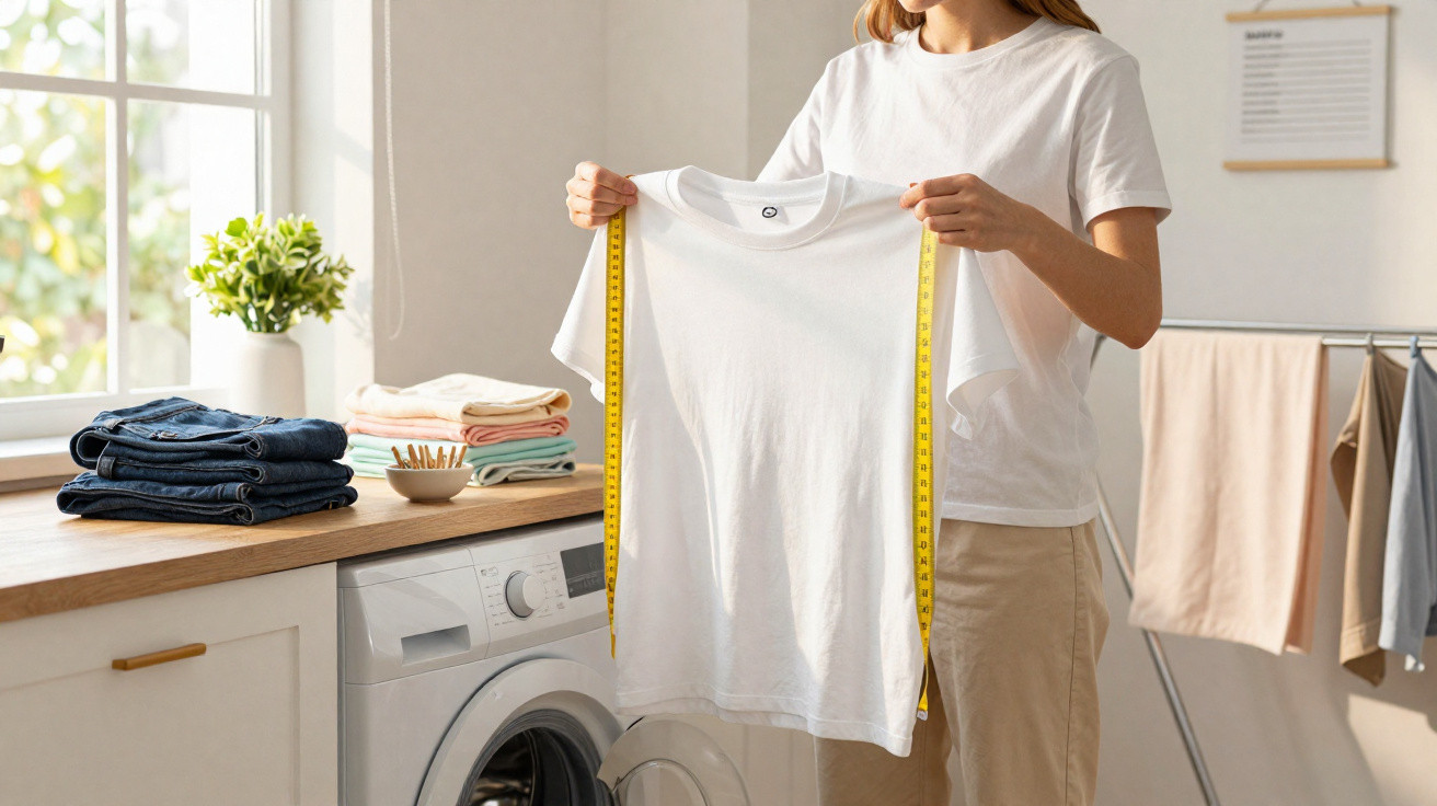 Frau misst mit Maßband ein weißes T-Shirt vor Waschmaschine in hellem Waschraum mit Wäsche.