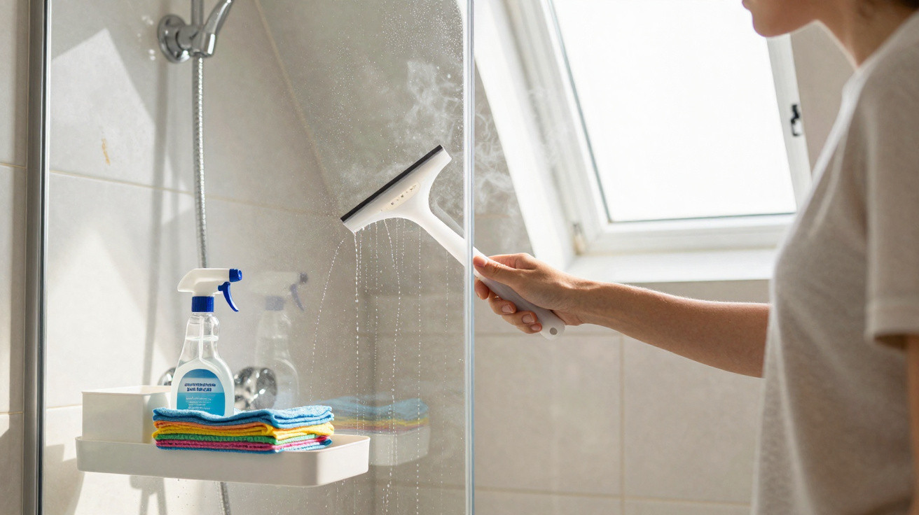 Frau reinigt Duschglas mit Abzieher, Aufbewahrung mit Reinigungsspray und bunten Tüchern im Badezimmer.