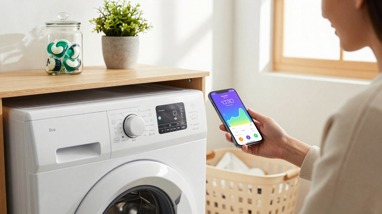 Frau steuert smarte Waschmaschine per App auf Smartphone in hellem, modernem Waschraum.