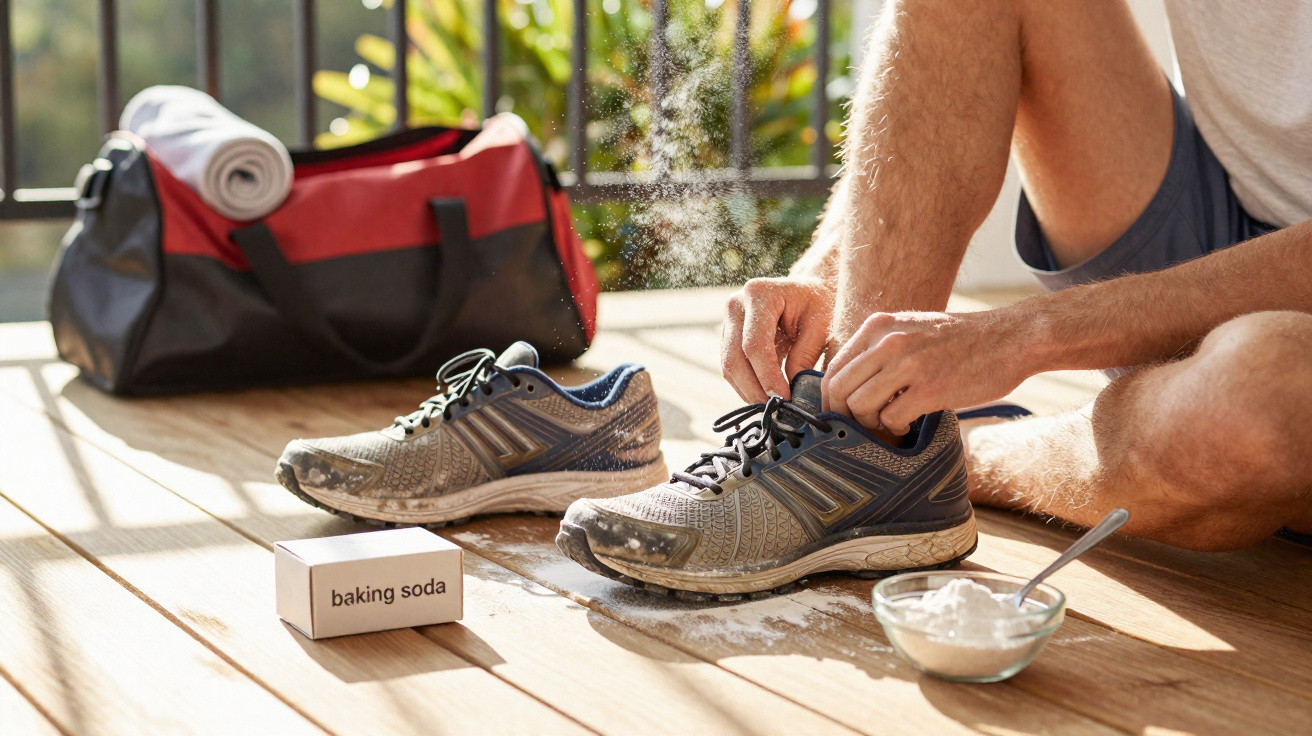 Person bestreut Sportschuhe mit Backpulver auf Holzboden, rote Sporttasche im Hintergrund.