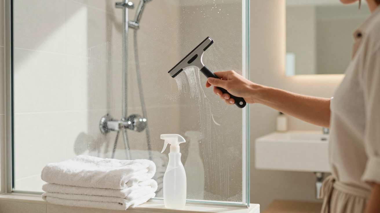 Person reinigt Duschabtrennung mit Abzieher, neben weißen Handtüchern und Sprühflasche im Badezimmer.